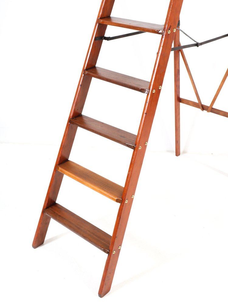 Large Art Deco Pitch Pine Library Steps or Ladder, 1920s