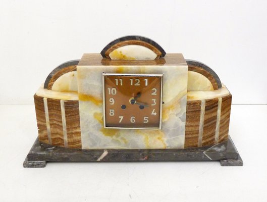 Large Art Deco Table Clock with Graphic Assembly of Marble & Veined Onyx, 1930s-RNR-2026904