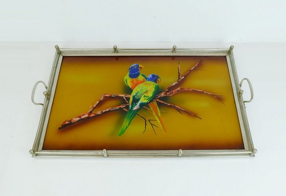 Large Art Deco Tray in Glass & Metal with Parrot Motif, 1920s / 30s-FH-1325113