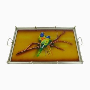 Large Art Deco Tray in Glass & Metal with Parrot Motif, 1920s / 30s-FH-1325113