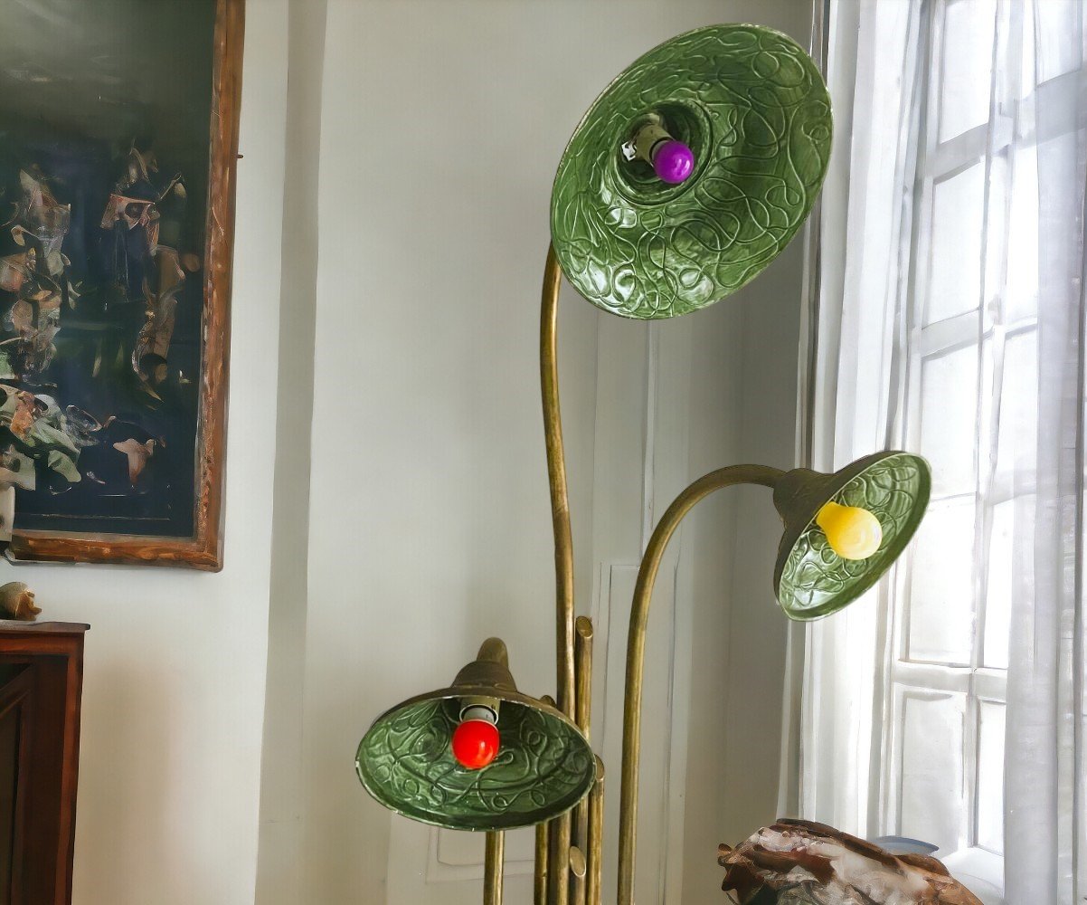 Large Art Nouveau Brass and Stone 3-Light Floor Lamp, 1930s