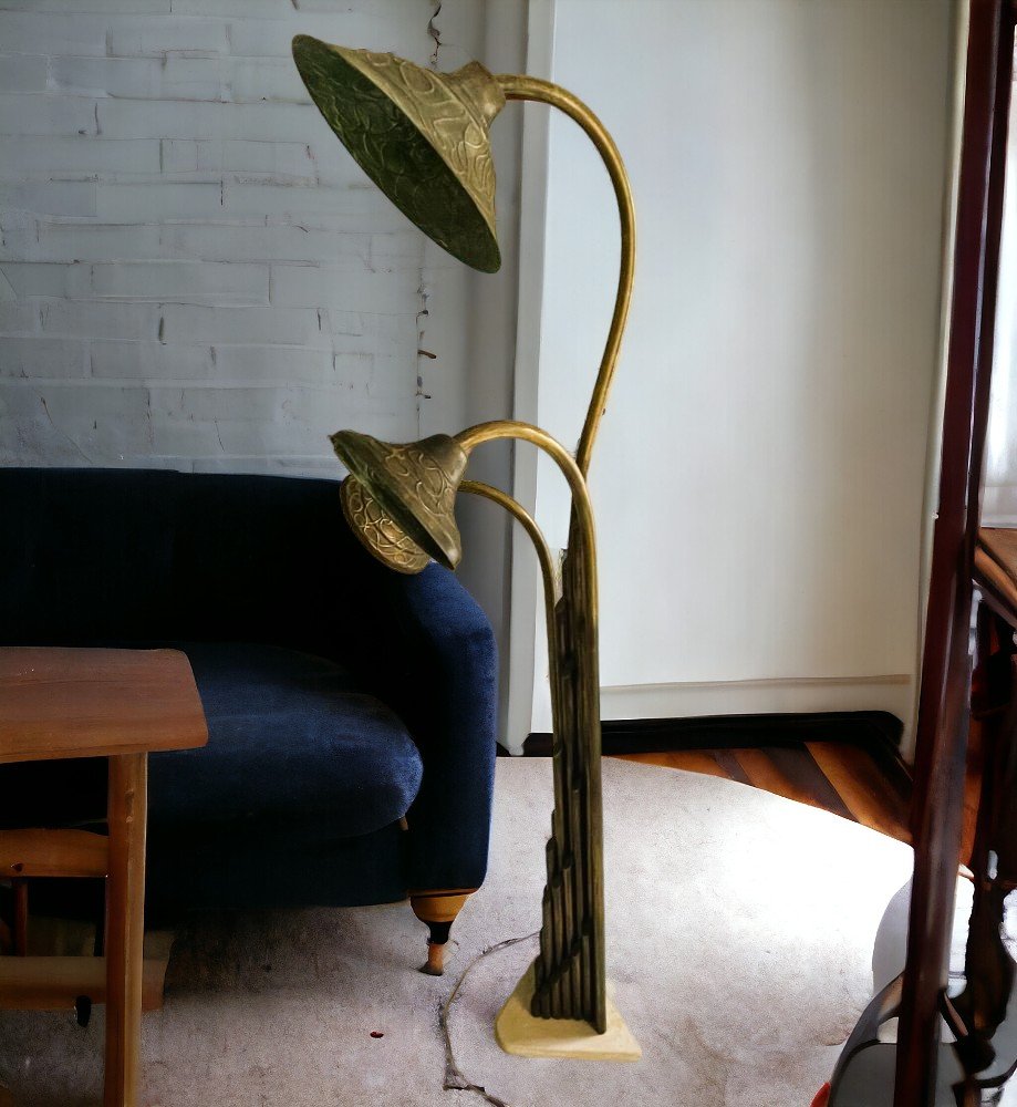 Large Art Nouveau Brass and Stone 3-Light Floor Lamp, 1930s