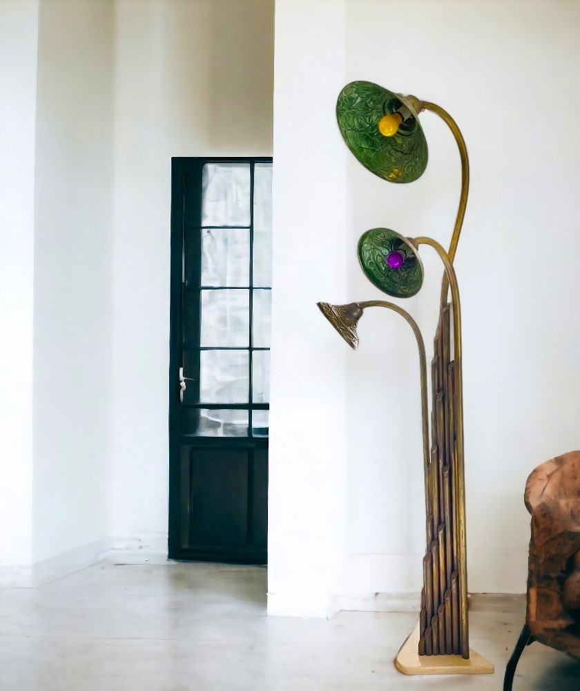 Large Art Nouveau Brass and Stone 3-Light Floor Lamp, 1930s