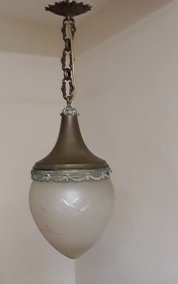 Large Art Nouveau Ceiling Lamp with a Drop-Shaped Grated Glass Screen on Brass Mount, 1890s-HOI-1716491