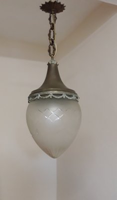 Large Art Nouveau Ceiling Lamp with a Drop-Shaped Grated Glass Screen on Brass Mount, 1890s-HOI-1716491