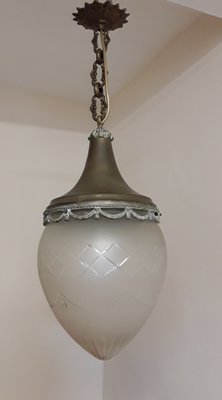 Large Art Nouveau Ceiling Lamp with a Drop-Shaped Grated Glass Screen on Brass Mount, 1890s-HOI-1716491