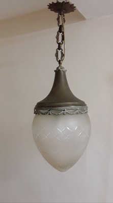 Large Art Nouveau Ceiling Lamp with a Drop-Shaped Grated Glass Screen on Brass Mount, 1890s-HOI-1716491