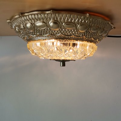 Large Art Nouveau Gold Brass and Glass Flush Mount Ceiling Lamp, 1930s-SCS-1220346