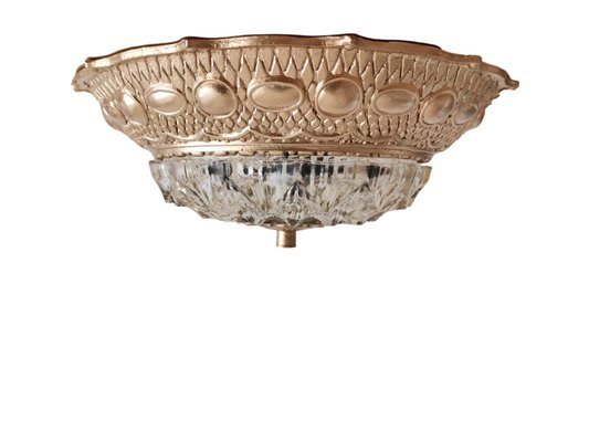 Large Art Nouveau Gold Brass and Glass Flush Mount Ceiling Lamp, 1930s-SCS-1220346