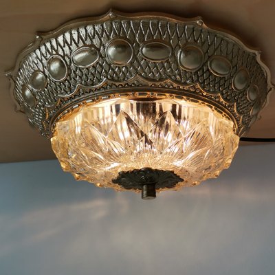 Large Art Nouveau Gold Brass and Glass Flush Mount Ceiling Lamp, 1930s-SCS-1220346