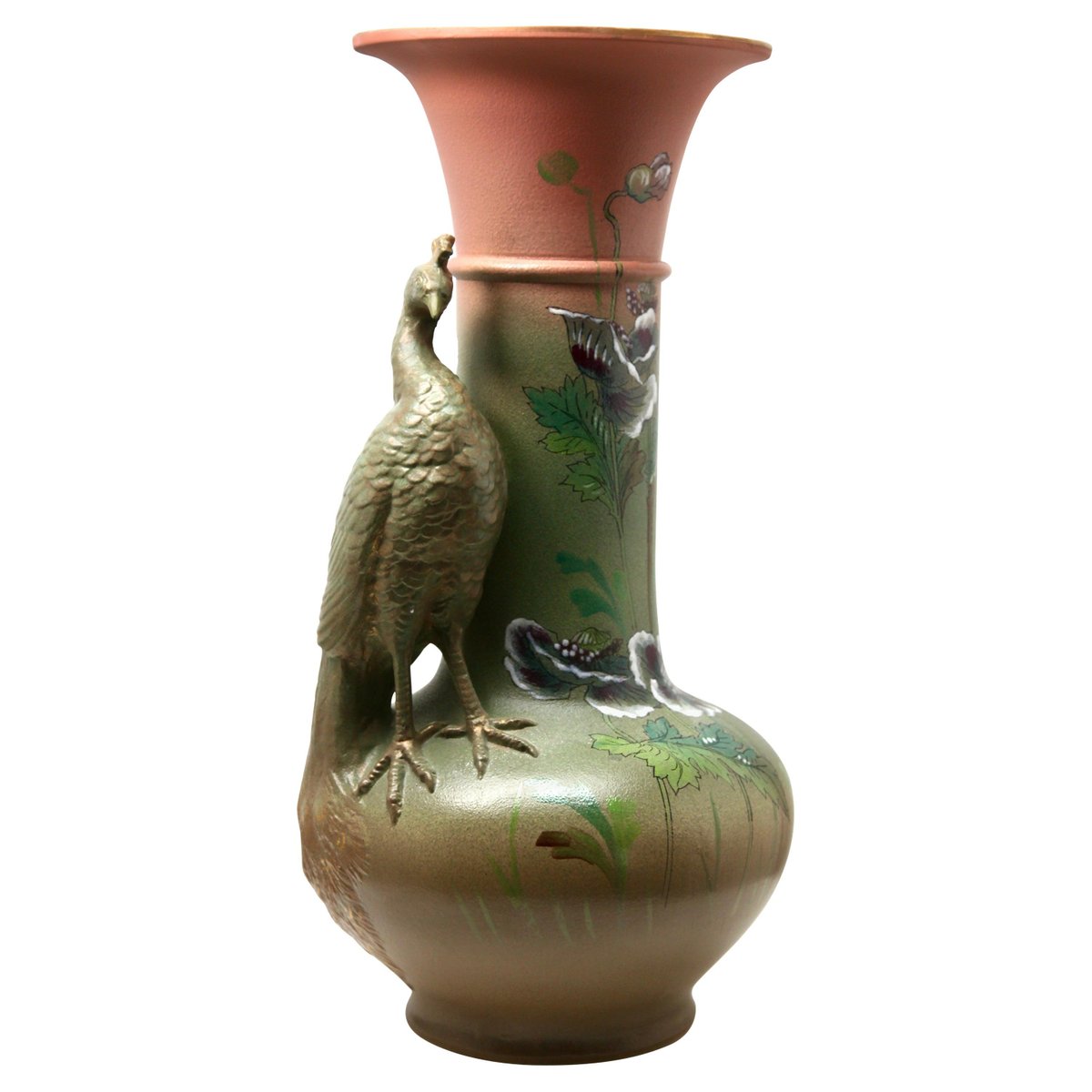 Large Art Nouveau Vase with a Sculpted Peacock and Opium Poppies