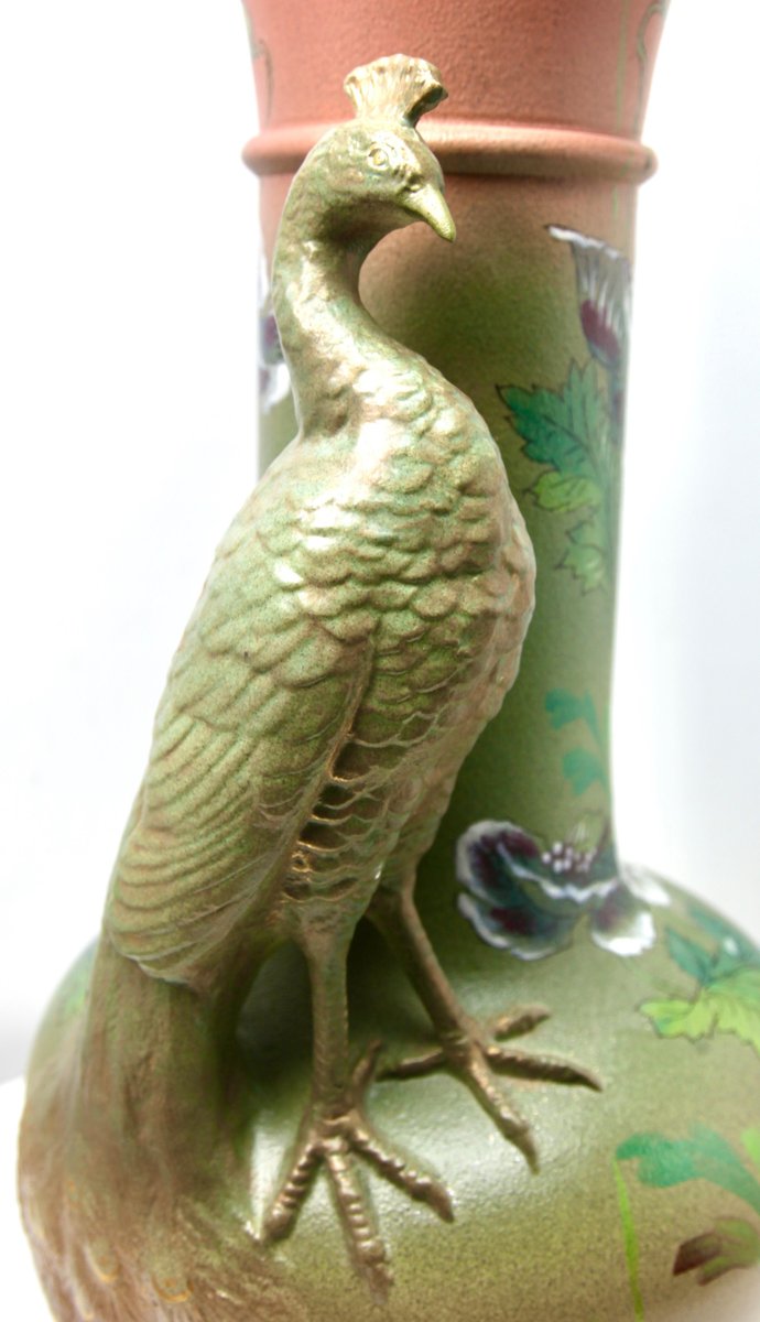 Large Art Nouveau Vase with a Sculpted Peacock and Opium Poppies