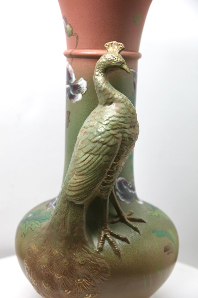 Large Art Nouveau Vase with a Sculpted Peacock and Opium Poppies