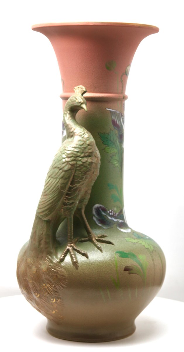 Large Art Nouveau Vase with a Sculpted Peacock and Opium Poppies