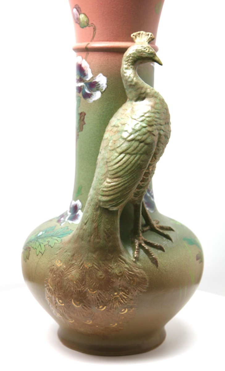 Large Art Nouveau Vase with a Sculpted Peacock and Opium Poppies