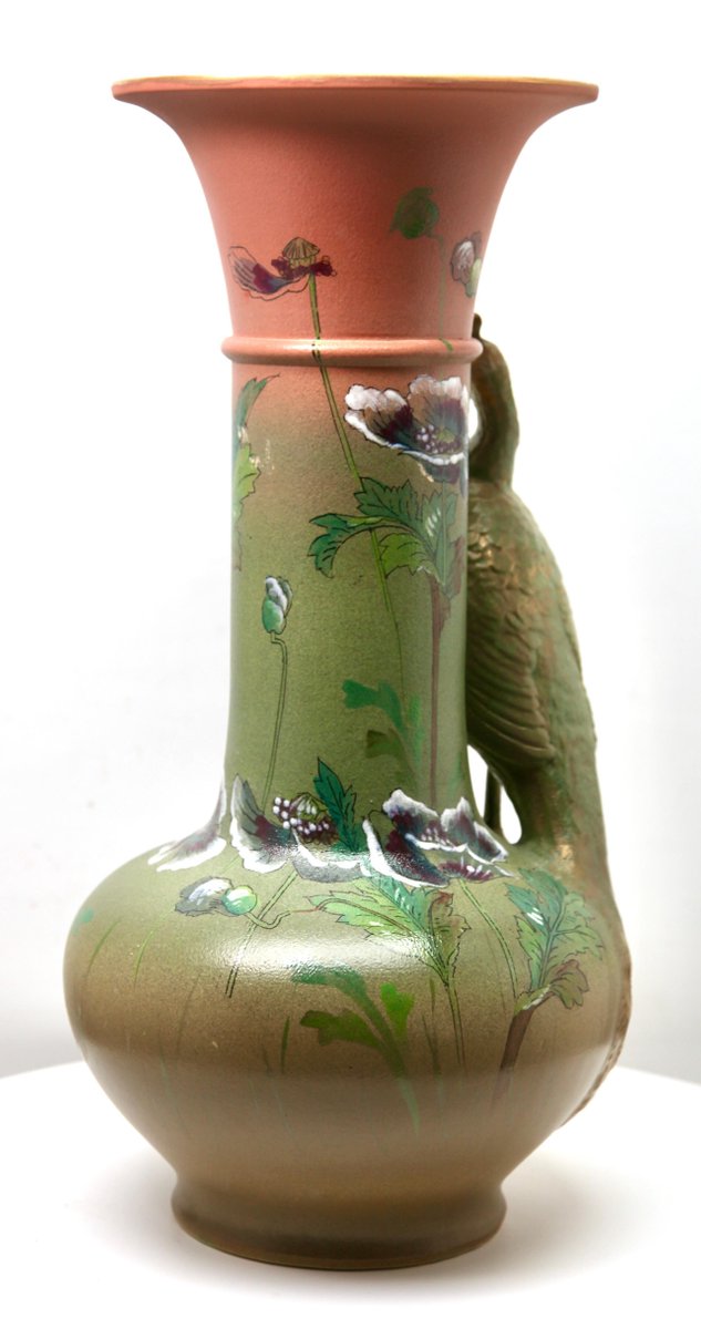 Large Art Nouveau Vase with a Sculpted Peacock and Opium Poppies