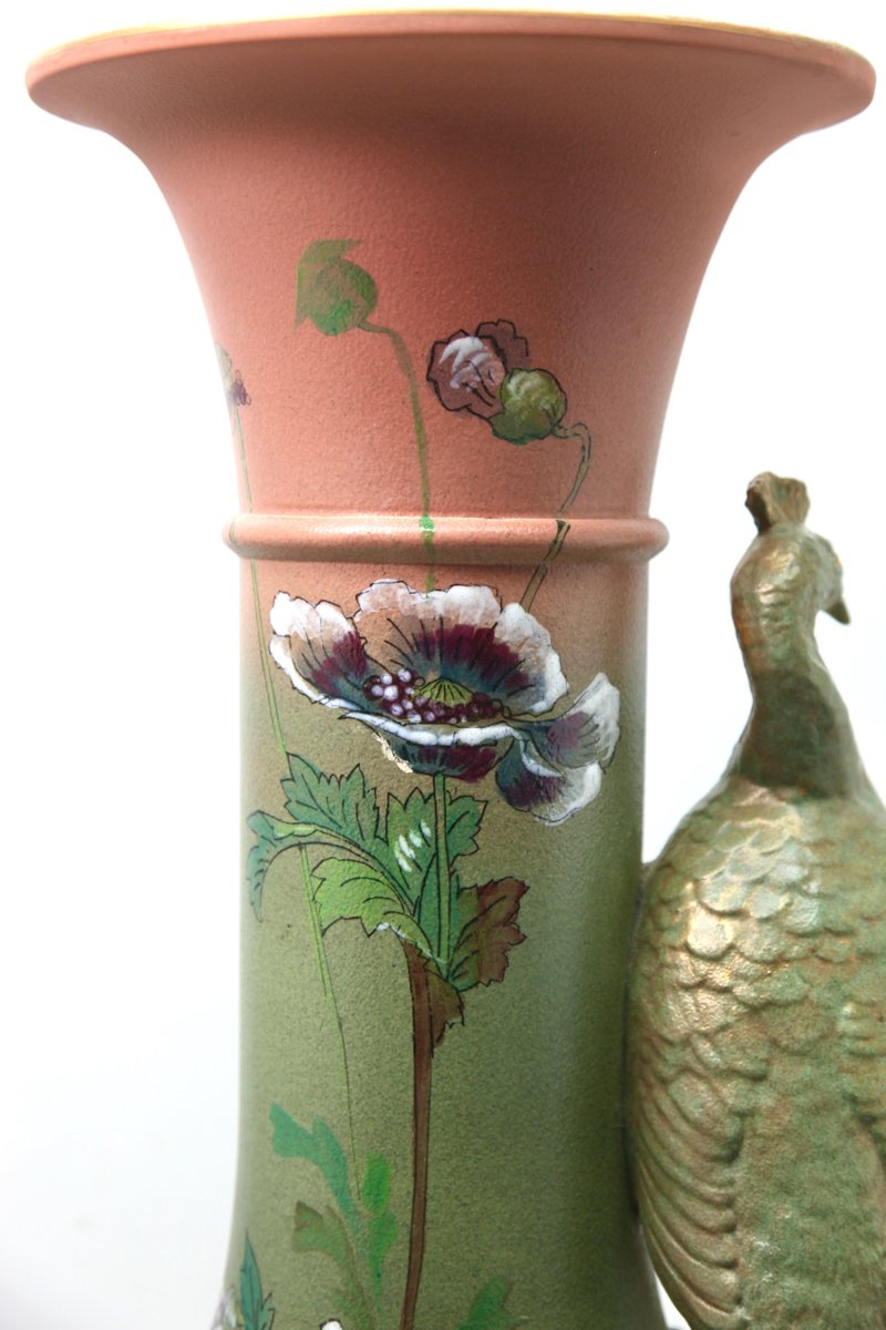 Large Art Nouveau Vase with a Sculpted Peacock and Opium Poppies