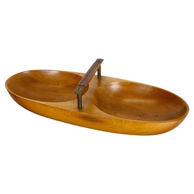 Large Austrian Light Teak Bowl with Brass and Leather Handle by Carl Auböck, 1950s-QZ-1133559