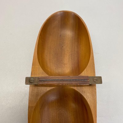 Large Austrian Light Teak Bowl with Brass and Leather Handle by Carl Auböck, 1950s-QZ-1133559