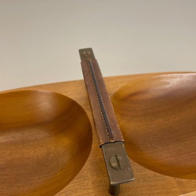 Large Austrian Light Teak Bowl with Brass and Leather Handle by Carl Auböck, 1950s-QZ-1133559