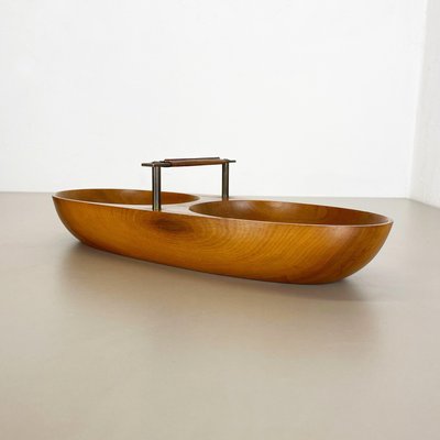 Large Austrian Light Teak Bowl with Brass and Leather Handle by Carl Auböck, 1950s-QZ-1133559