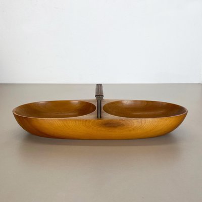 Large Austrian Light Teak Bowl with Brass and Leather Handle by Carl Auböck, 1950s-QZ-1133559