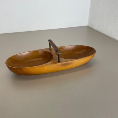 Large Austrian Light Teak Bowl with Brass and Leather Handle by Carl Auböck, 1950s-QZ-1133559