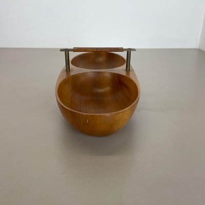 Large Austrian Light Teak Bowl with Brass and Leather Handle by Carl Auböck, 1950s-QZ-1133559