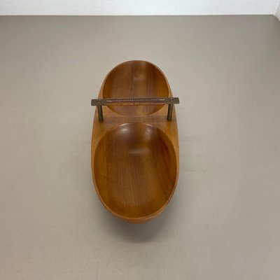 Large Austrian Light Teak Bowl with Brass and Leather Handle by Carl Auböck, 1950s-QZ-1133559