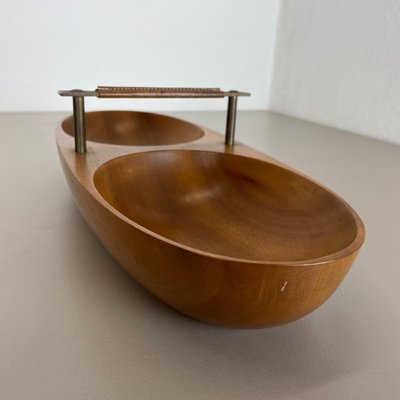 Large Austrian Light Teak Bowl with Brass and Leather Handle by Carl Auböck, 1950s-QZ-1133559