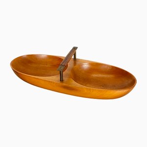 Large Austrian Light Teak Bowl with Brass and Leather Handle by Carl Auböck, 1950s-QZ-1133559