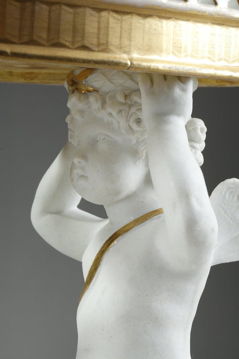 Large Basket in Paris Porcelain Resting on Two Cupids, 1830s