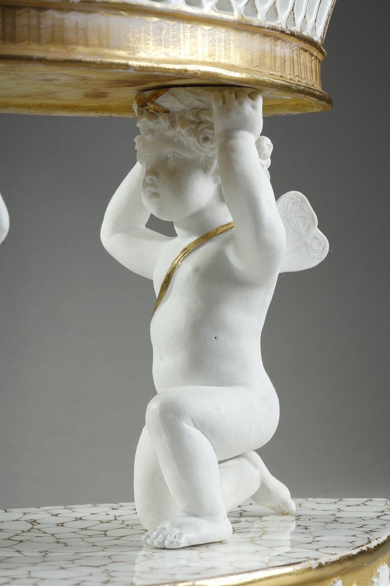 Large Basket in Paris Porcelain Resting on Two Cupids, 1830s