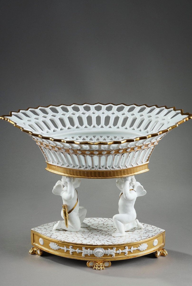 Large Basket in Paris Porcelain Resting on Two Cupids, 1830s