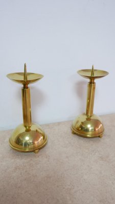 Large Bauhaus Brass Candleholders, 1930s, Set of 2-KK-1111876