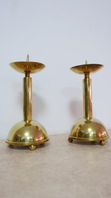 Large Bauhaus Brass Candleholders, 1930s, Set of 2-KK-1111876