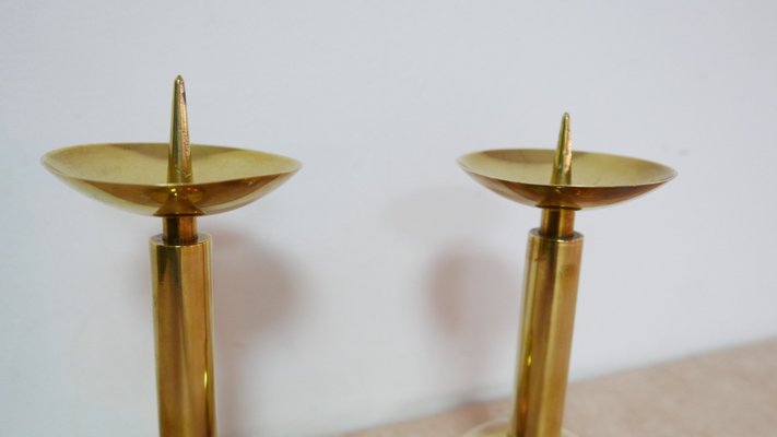 Large Bauhaus Brass Candleholders, 1930s, Set of 2-KK-1111876