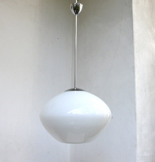 Large Bauhaus Ceiling Light in White Cased Glass, 1930s