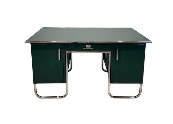 Large Bauhaus Partners Desk in Green Lacquer, Metal & Steeltube, Germany, 1930s-NNB-1724399