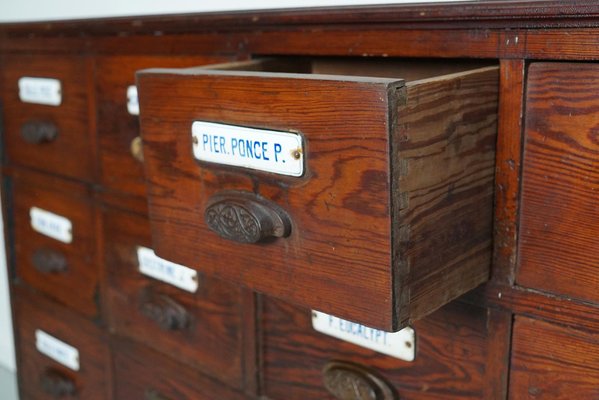 Large Belgian Pitch Pine Apothecary Cabinet with Enamel Shields, 1900s-XO-1743206