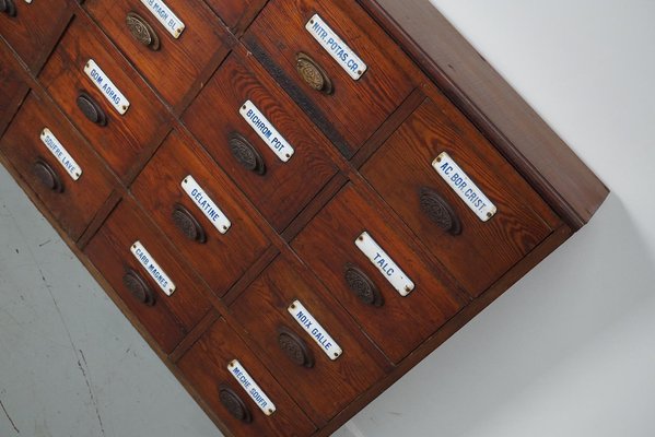 Large Belgian Pitch Pine Apothecary Cabinet with Enamel Shields, 1900s-XO-1743206