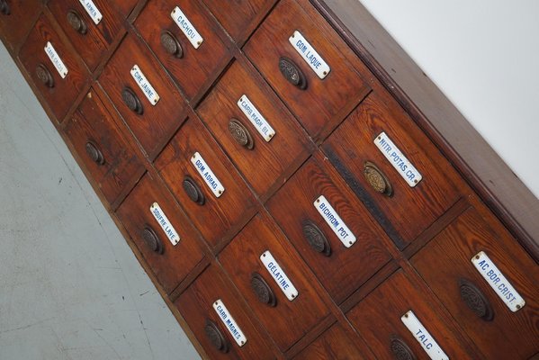 Large Belgian Pitch Pine Apothecary Cabinet with Enamel Shields, 1900s-XO-1743206