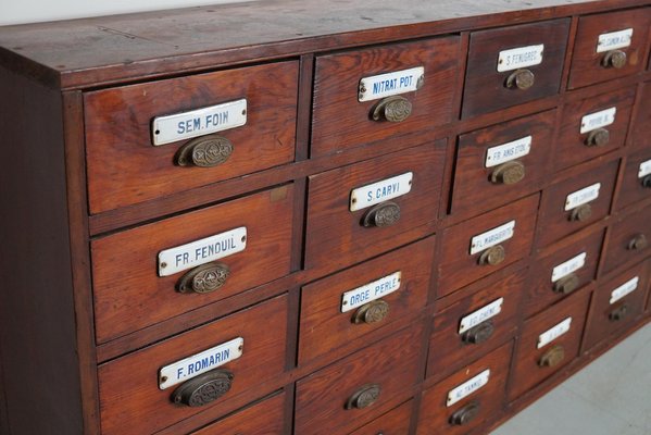 Large Belgian Pitch Pine Apothecary Cabinet with Enamel Shields, 1900s-XO-1743204