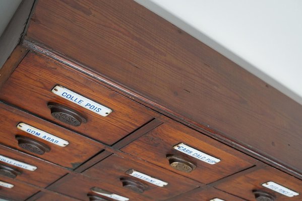 Large Belgian Pitch Pine Apothecary Cabinet with Enamel Shields, 1900s-XO-1743206