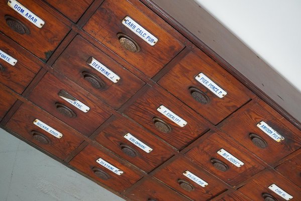 Large Belgian Pitch Pine Apothecary Cabinet with Enamel Shields, 1900s-XO-1743206