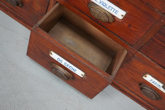 Large Belgian Pitch Pine Apothecary Cabinet with Enamel Shields, 1900s