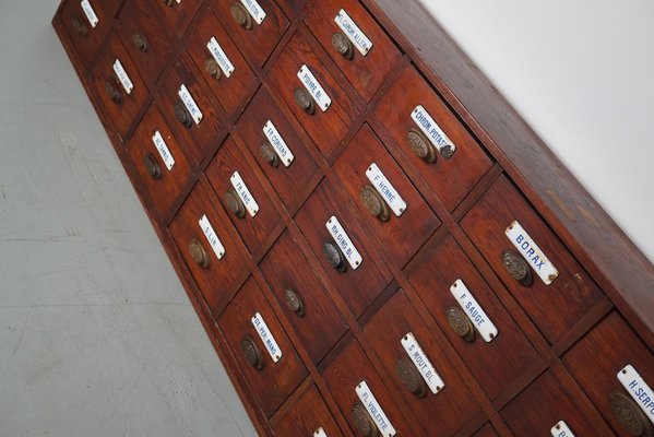 Large Belgian Pitch Pine Apothecary Cabinet with Enamel Shields, 1900s-XO-1743204