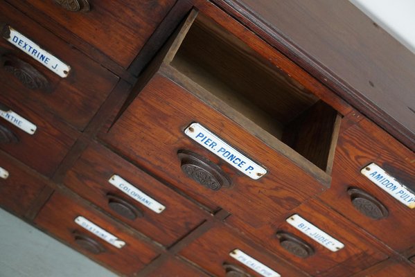 Large Belgian Pitch Pine Apothecary Cabinet with Enamel Shields, 1900s-XO-1743206