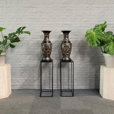 Large Black and Gold Etched Brass Vases, Set of 2-OLQ-1767316