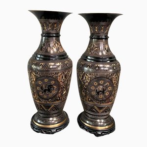 Large Black and Gold Etched Brass Vases, Set of 2-OLQ-1767316